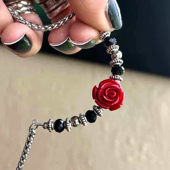 Handmade stainless steel red rose flower wheat chain link choker necklace - Picture 3 of 9